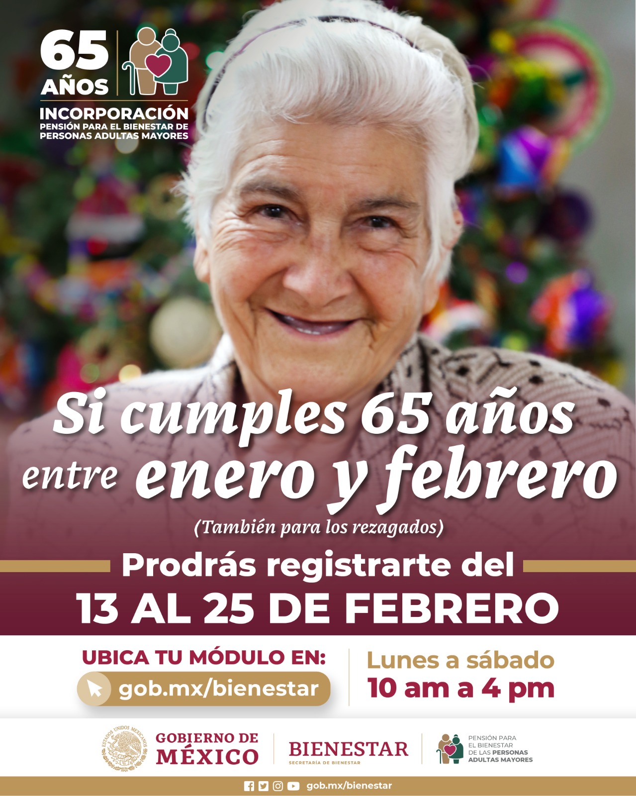 Del 13 al 25 de febrero, registro a Pensión para el Bienestar de Personas Adultas Mayores en el país