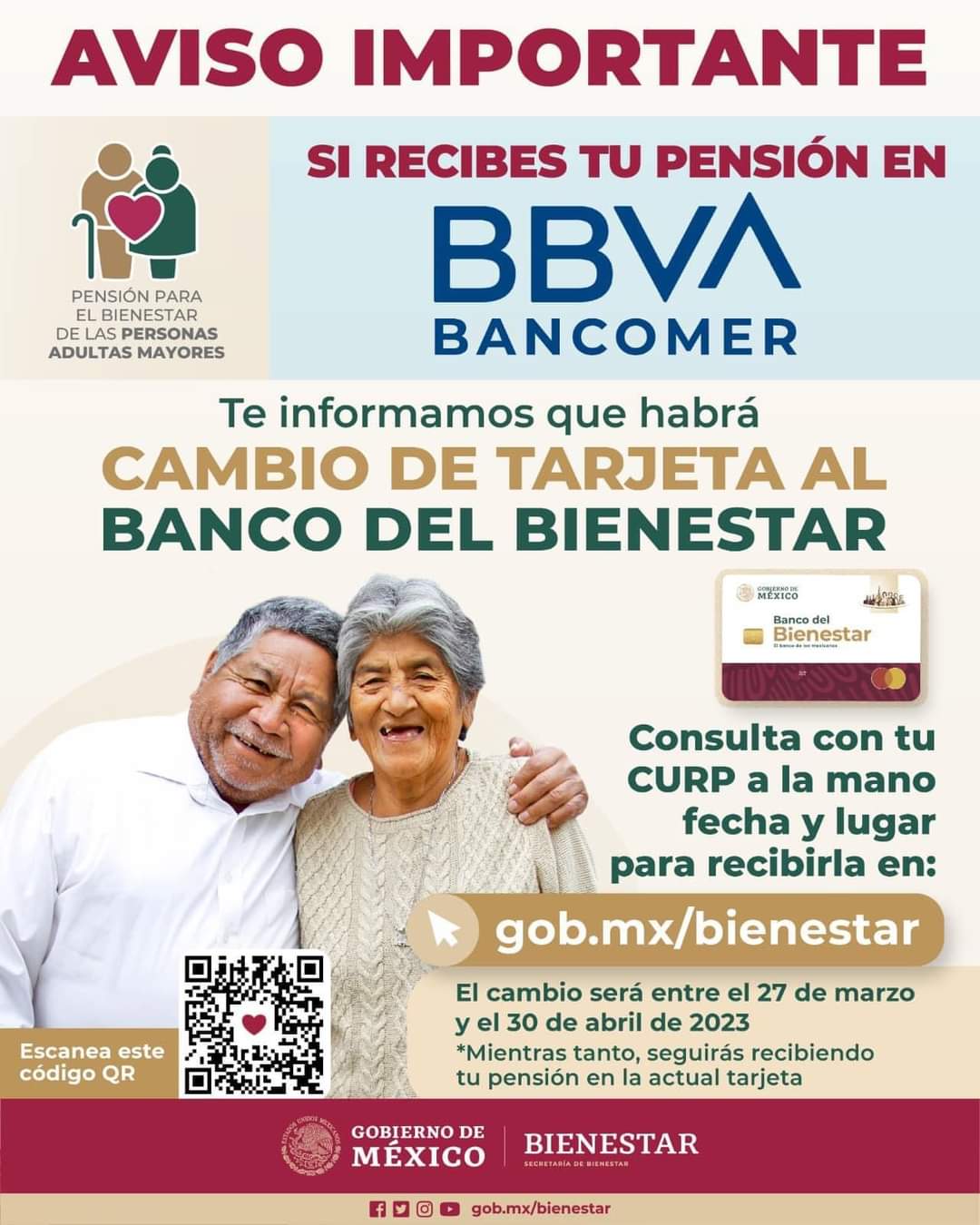 Secretaría de Bienestar traslada tarjetas de Pensión de BBVA a Banco del Bienestar
