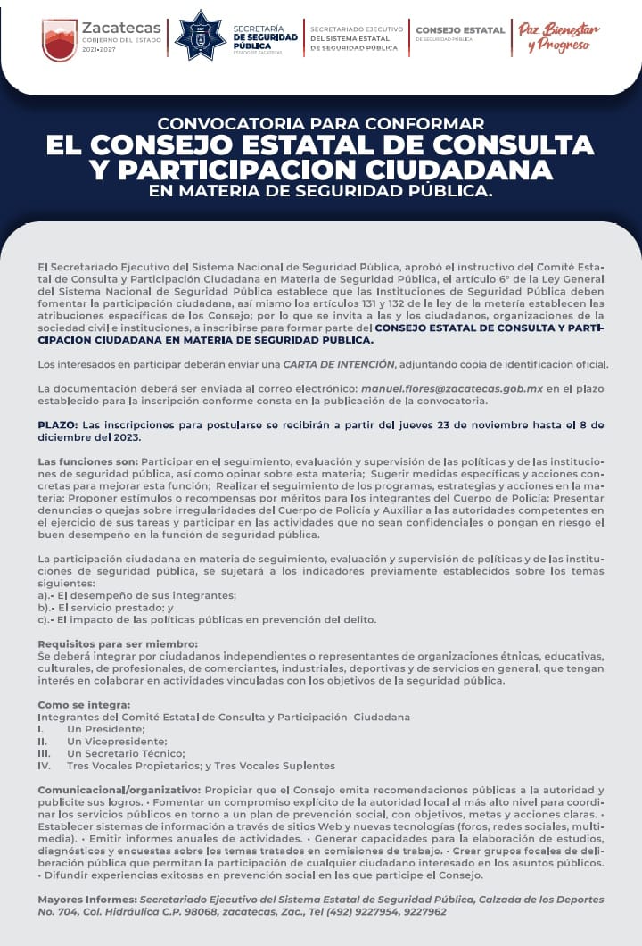 Convocan a zacatecanos a conformar el Consejo Estatal de Consulta y Participación Ciudadana en Materia de Seguridad