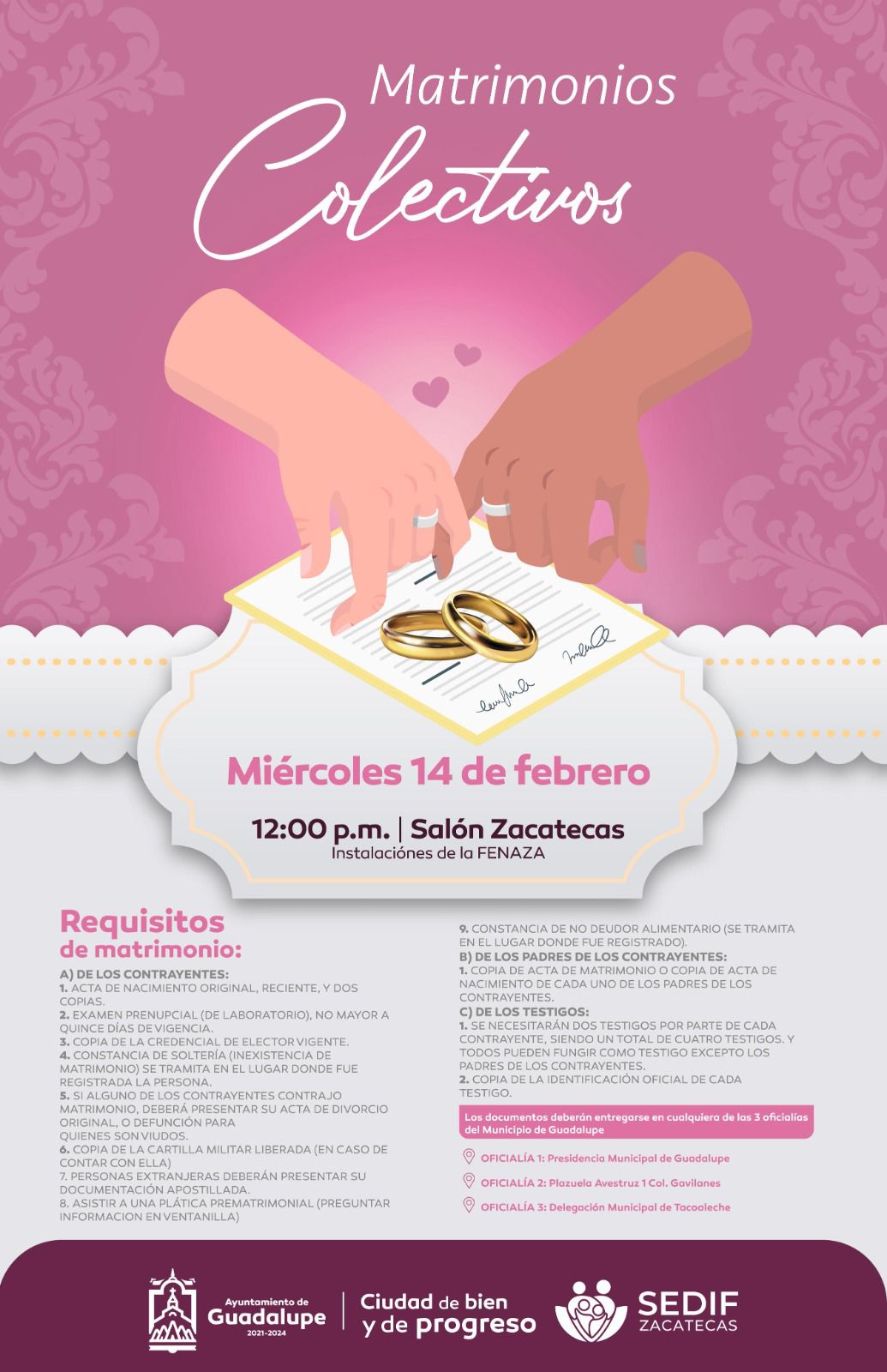 Anuncia Gobierno de Guadalupe ceremonia colectiva de matrimonios