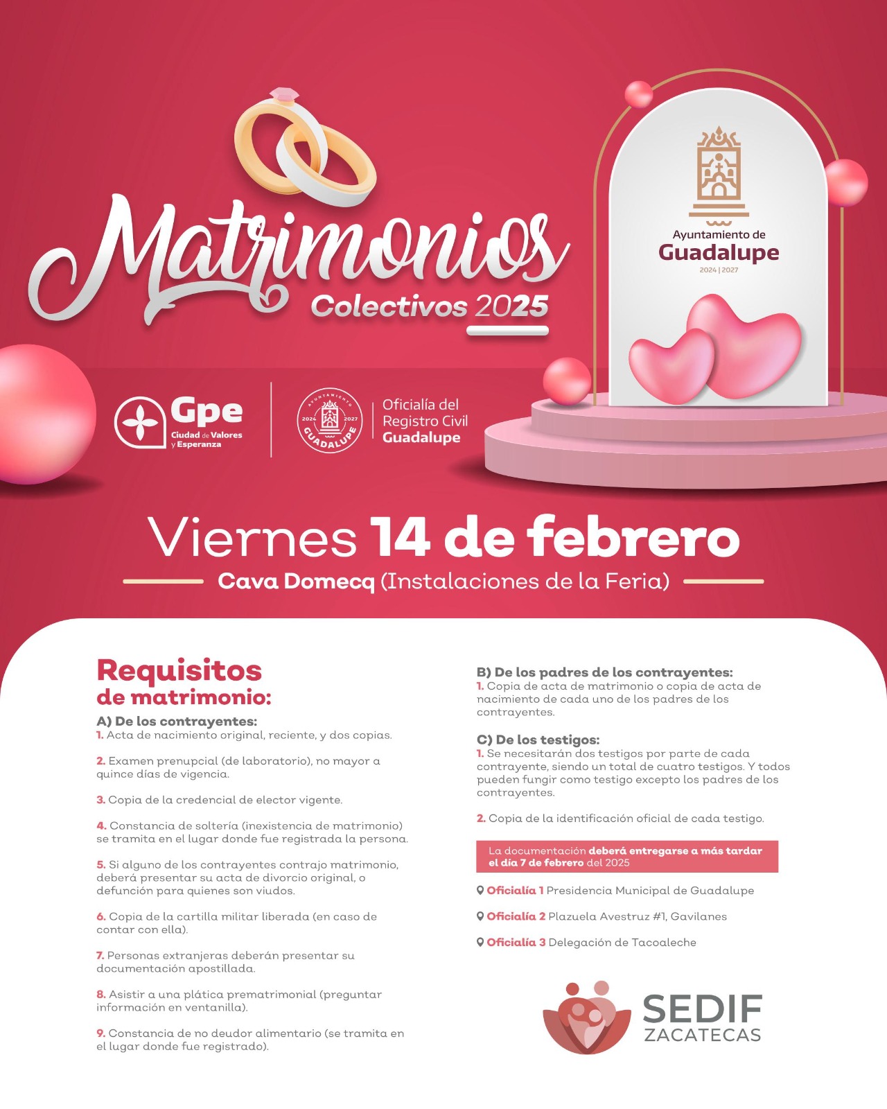 Da a conocer el Ayuntamiento de Guadalupe La convocatoria para formar parte de los matrimonios colectivos el próximo mes de febrero