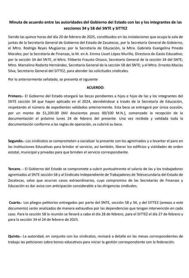 Gobierno de Zacatecas Emite Minuta de Acuerdos con Dirigencia Sindicales.