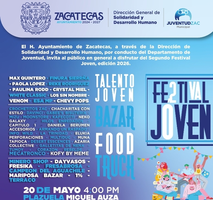 Zacatecas celebrará a la juventud con música, emprendimiento y talento local en el Festival Joven 2026