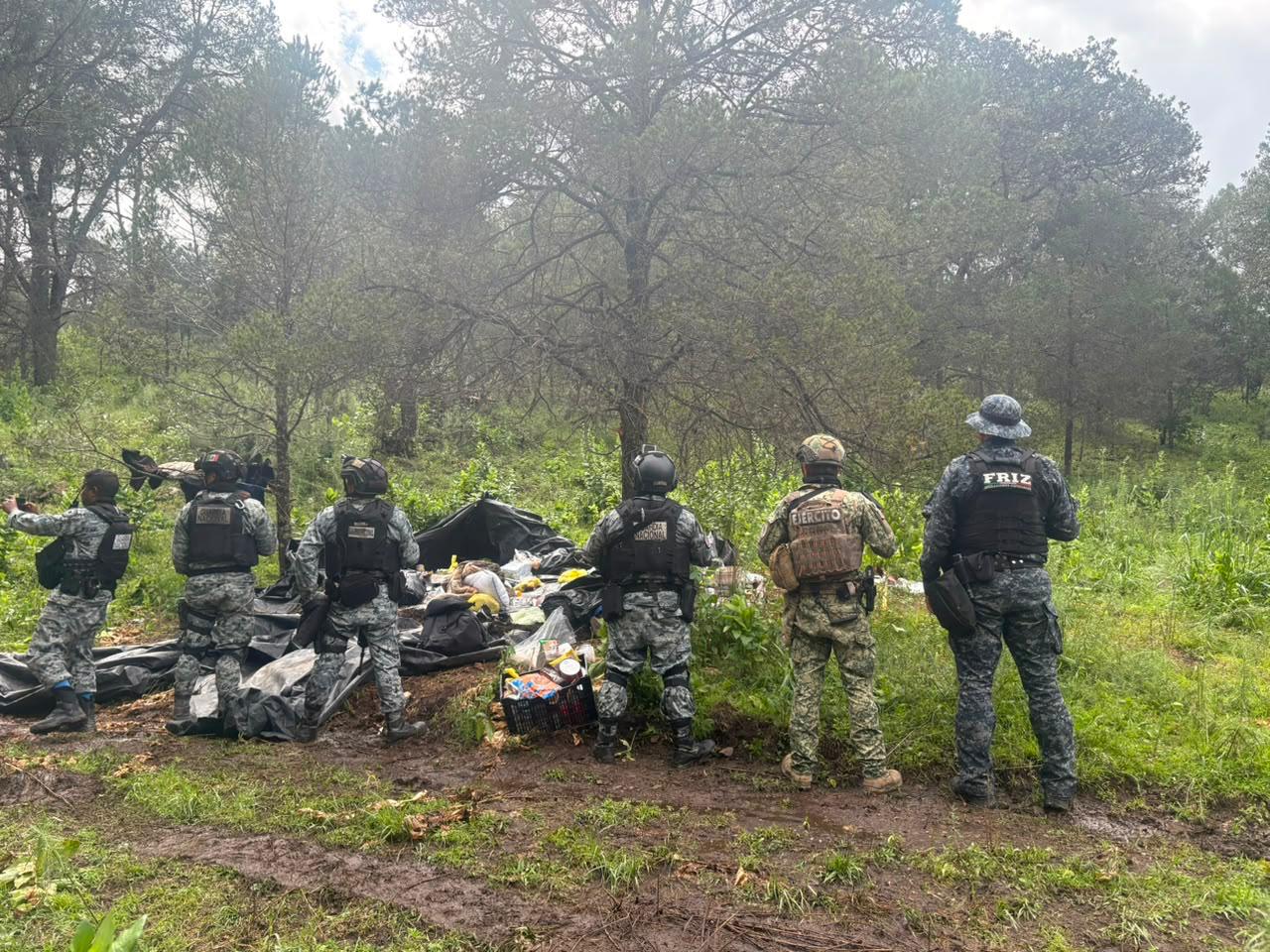 Desmantelan Fuerzas de Seguridad campamento utilizado por grupo delictivo; aseguran vehículo, cartuchos y probable droga