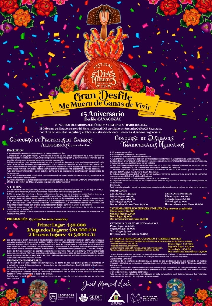 Convoca Gobierno de Zacatecas a participar en Gran Desfile del Día de Muertos 2026